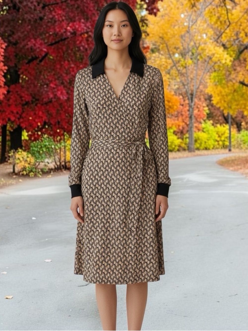2/$20 - SHEIN Beige and Black Geometric Wrap Dress with Black Collar